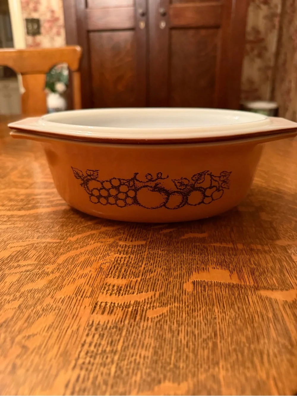 Vintage Brown Covered Casserole Dish with Fruit Motif - Brown